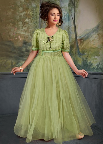 Pista Green Partywear Embroidery With Embellished Net Gown